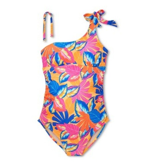 Isabel Maternity Asymmetric Tie Shoulder One Piece Maternity Swimsuit Floral Med - Picture 2 of 6